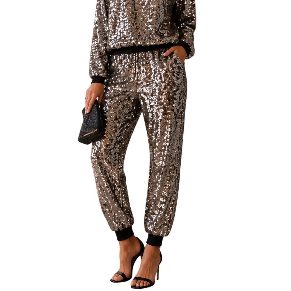 *NWT* 1.STATE Sequin Joggers Womens XS Lustre Nude Black Dramatic Pause